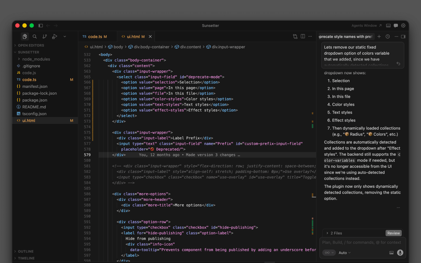 Cursor workspace showing the code alongside the AI chat window